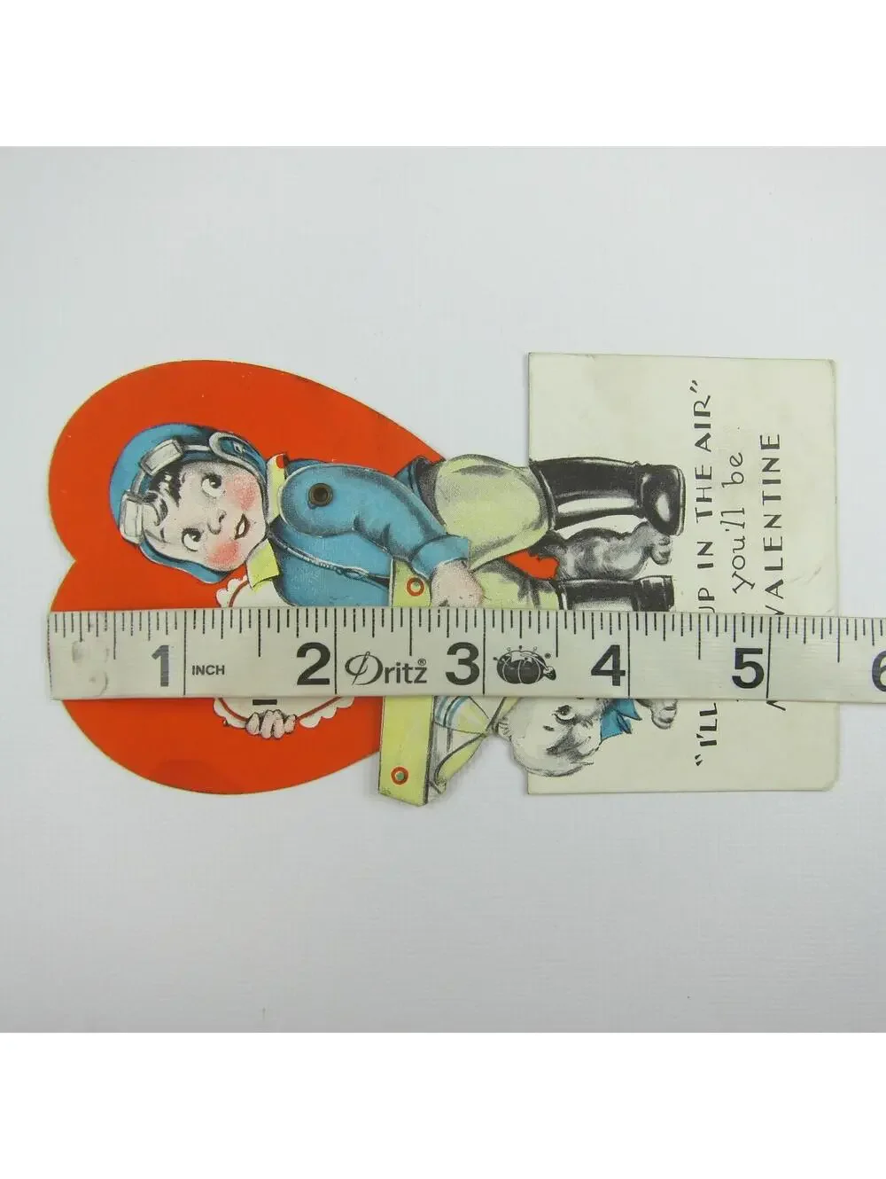 Vintage Valentine Card Mechanical Boy Pilot & Puppy Dog Toy Biplane Moves Heart